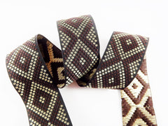 Geometric Dotted Diamond Woven Embroidered Jacquard Trim Ribbon - Brown Black Light Gold - 34mm - 1 Meter  or 3.3 Feet or 1.09 Yards