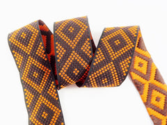 Geometric Dotted Diamond Woven Embroidered Jacquard Trim Ribbon - Brown Black Orange - 34mm - 1 Meter  or 3.3 Feet or 1.09 Yards