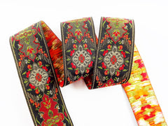 Red Orange Khaki Green Gold Turkish Carpet Motif Woven Embroidered Jacquard Trim Ribbon - 40mm - 1 Meter or 3.3 Feet or 1.09 Yards