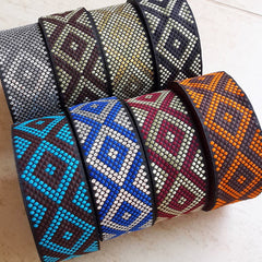 Geometric Dotted Diamond Woven Embroidered Jacquard Trim Ribbon - Black Light Gold - 34mm - 1 Meter  or 3.3 Feet or 1.09 Yards