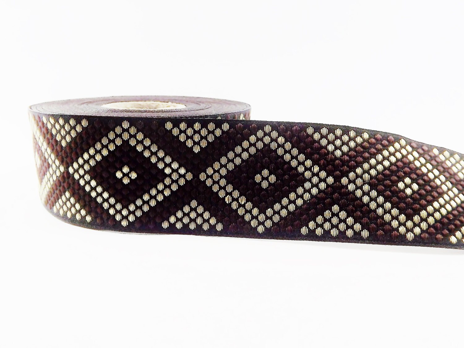 Geometric Dotted Diamond Woven Embroidered Jacquard Trim Ribbon - Brown Black Light Gold - 34mm - 1 Meter  or 3.3 Feet or 1.09 Yards