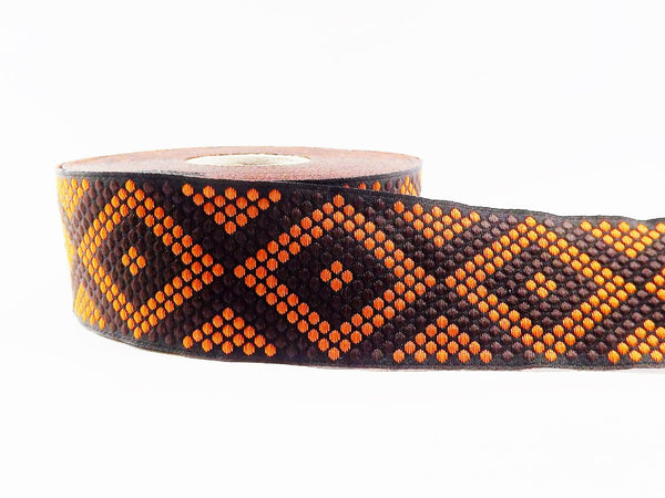 Geometric Dotted Diamond Woven Embroidered Jacquard Trim Ribbon - Brown Black Orange - 34mm - 1 Meter  or 3.3 Feet or 1.09 Yards