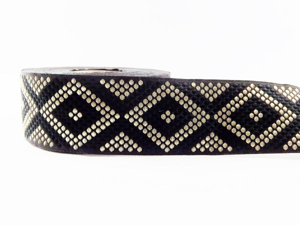 Geometric Dotted Diamond Woven Embroidered Jacquard Trim Ribbon - Black Light Gold - 34mm - 1 Meter  or 3.3 Feet or 1.09 Yards