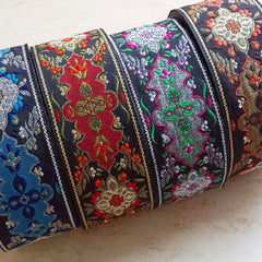 Violet Green Silver Turkish Carpet Motif Woven Embroidered Jacquard Trim Ribbon - 40mm - 1 Meter or 3.3 Feet or 1.09 Yards