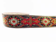 Red Orange Khaki Green Gold Turkish Carpet Motif Woven Embroidered Jacquard Trim Ribbon - 40mm - 1 Meter or 3.3 Feet or 1.09 Yards