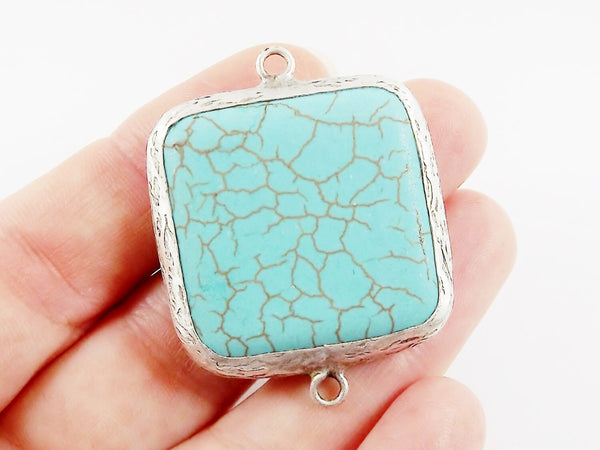 32mm Square Turquoise Stone Connector - Matte Antique Silver plated Bezel - 1pc