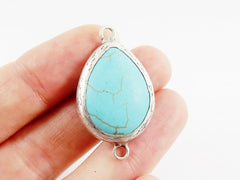 27mm Teardrop Turquoise Stone Connector - Matte Antique Silver plated Bezel - 1pc