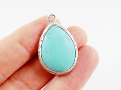 27mm Teardrop Turquoise Stone Pendant - Matte Antique Silver plated Bezel - 1pc