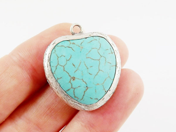 Heart Turquoise Stone Pendant - Matte Antique Silver plated Bezel - 1pc