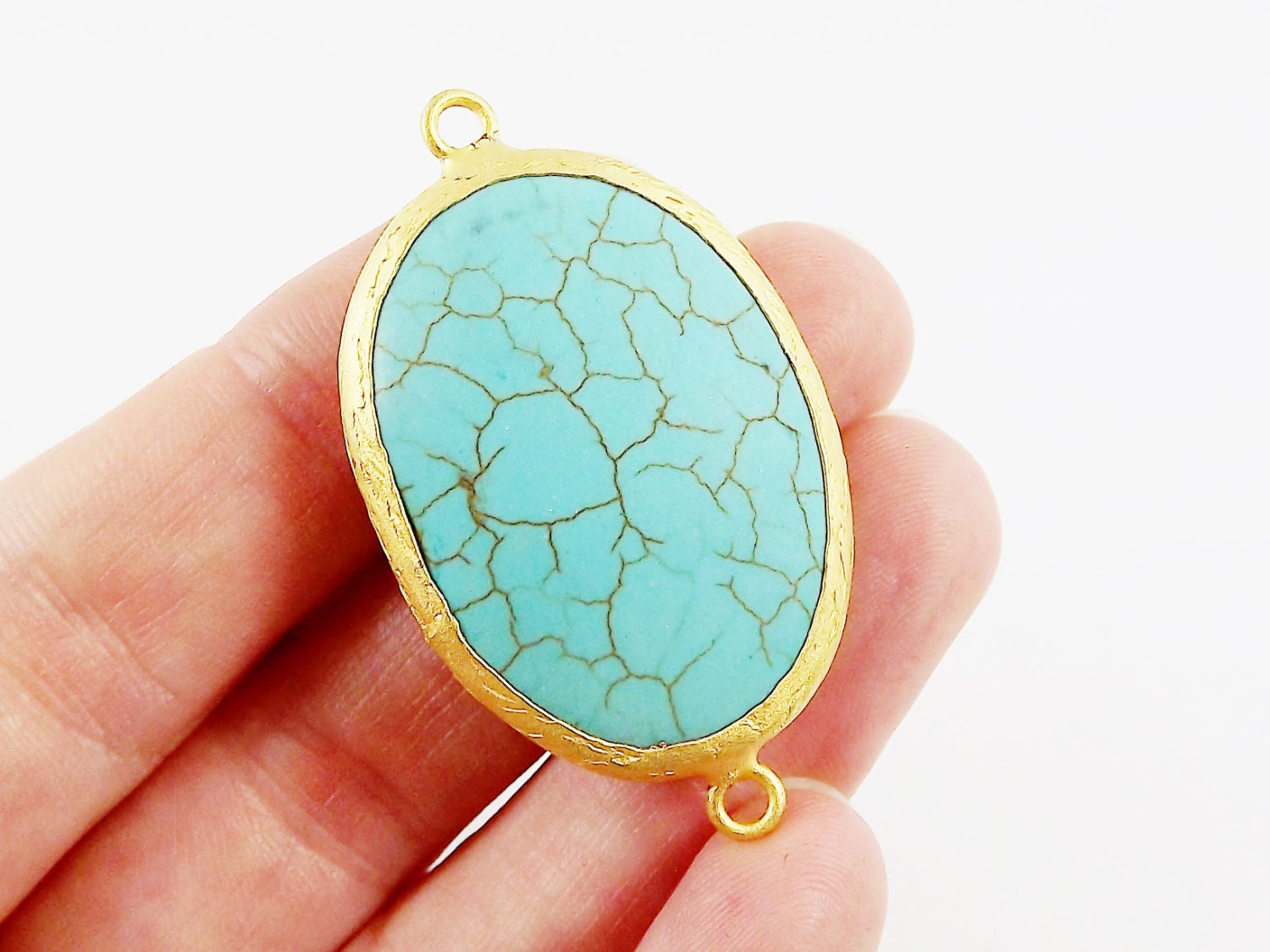 36mm Oval Smooth Turquoise Stone Connector - 22k Matte Gold Plated Bezel - 1pc