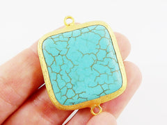 32mm Square Turquoise Stone Connector - 22k Matte Gold Plated Bezel - 1pc