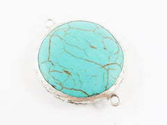 32mm Round Smooth Turquoise Stone Connector - Matte Antique Silver plated Bezel - 1pc