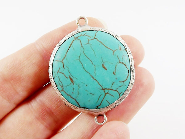 32mm Round Smooth Turquoise Stone Connector - Matte Antique Silver plated Bezel - 1pc