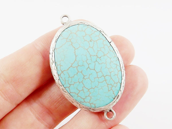 36mm Oval Smooth Turquoise Stone Connector - Matte Antique Silver plated Bezel - 1pc