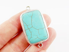 32mm Rectangle Turquoise Stone Connector - Matte Antique Silver plated Bezel - 1pc