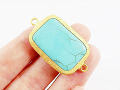 32mm Rectangle Turquoise Stone Connector - 22k Matte Gold Plated Bezel - 1pc