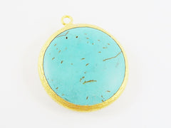 32mm Round Smooth Turquoise Stone Pendant - 22k Matte Gold Plated Bezel - 1pc