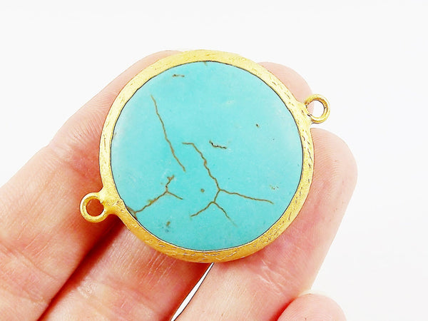 32mm Round Smooth Turquoise Stone Connector - 22k Matte Gold Plated Bezel - 1pc