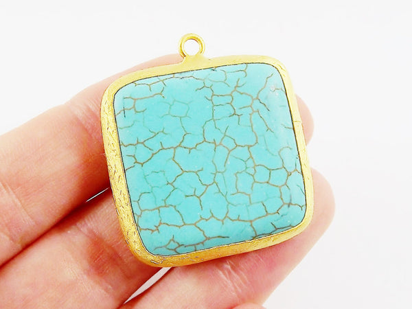32mm Square Turquoise Stone Pendant - 22k Matte Gold plated Bezel - 1pc