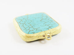32mm Square Turquoise Stone Connector - 22k Matte Gold Plated Bezel - 1pc