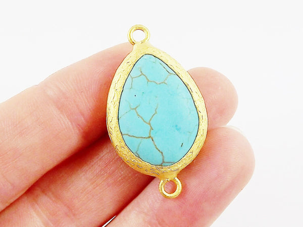 27mm Turquoise Teardrop Stone Smooth Connector  - 22k Matte Gold plated Bezel - 1pc