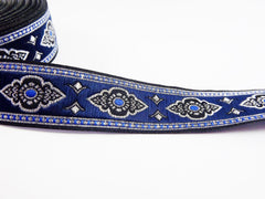 25mm Exotic Ethnic Royal Blue Silver Woven Embroidered Jacquard Trim Ribbon - 1 Meter  or 3.3 Feet or 1.09 Yards