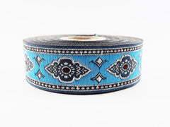 25mm Exotic Ethnic Turquoise Blue Silver Woven Embroidered Jacquard Trim Ribbon - 1 Meter  or 3.3 Feet or 1.09 Yards