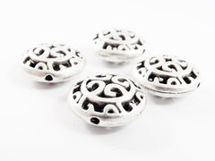 16mm Oriental Style Fretwork Pillow Bead Spacers - Matte Silver Plated - 4pcs