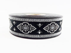25mm Exotic Ethnic Black White Silver Woven Embroidered Jacquard Trim Ribbon - 1 Meter  or 3.3 Feet or 1.09 Yards