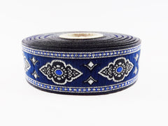 25mm Exotic Ethnic Royal Blue Silver Woven Embroidered Jacquard Trim Ribbon - 1 Meter  or 3.3 Feet or 1.09 Yards