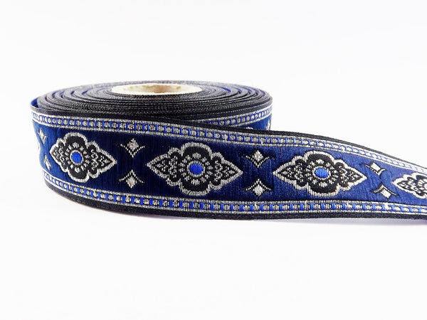 25mm Exotic Ethnic Royal Blue Silver Woven Embroidered Jacquard Trim Ribbon - 1 Meter  or 3.3 Feet or 1.09 Yards