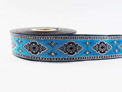 25mm Exotic Ethnic Turquoise Blue Silver Woven Embroidered Jacquard Trim Ribbon - 1 Meter  or 3.3 Feet or 1.09 Yards