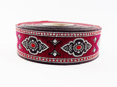 25mm Exotic Ethnic Red Silver Woven Embroidered Jacquard Trim Ribbon - 1 Meter  or 3.3 Feet or 1.09 Yards