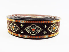 25mm Exotic Ethnic Brown Orange and Gold Woven Embroidered Jacquard Trim Ribbon - 1 Meter  or 3.3 Feet or 1.09 Yards