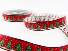 16mm Red Christmas Tree Ribbon Snow Woven Embroidered Jacquard Trim Ribbon - 1 Meter  or 3.3 Feet or 1.09 Yards - Holiday