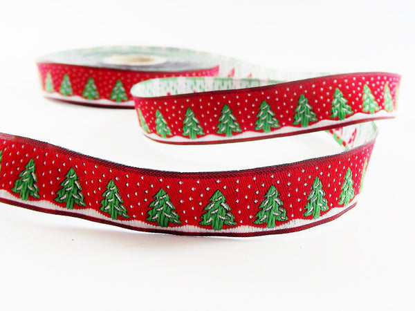 16mm Red Christmas Tree Ribbon Snow Woven Embroidered Jacquard Trim Ribbon - 1 Meter  or 3.3 Feet or 1.09 Yards - Holiday