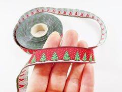 16mm Red Christmas Tree Ribbon Snow Woven Embroidered Jacquard Trim Ribbon - 1 Meter  or 3.3 Feet or 1.09 Yards - Holiday