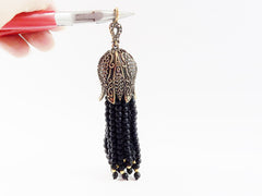 Large Long Matt Black Onyx Stone Beaded Tassel with Crystal Accents - Antique Bronze - 1PC
