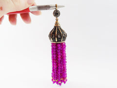 Large Long Magenta Purple Jade Stone Beaded Tassel with Crystal Accents - Antique Bronze - 1PC