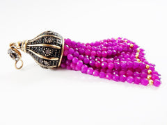 Large Long Magenta Purple Jade Stone Beaded Tassel with Crystal Accents - Antique Bronze - 1PC