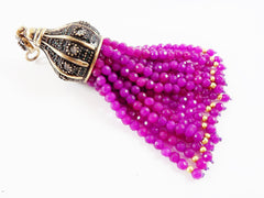 Large Long Magenta Purple Jade Stone Beaded Tassel with Crystal Accents - Antique Bronze - 1PC