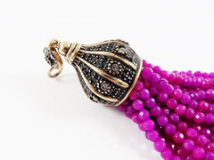 Large Long Magenta Purple Jade Stone Beaded Tassel with Crystal Accents - Antique Bronze - 1PC