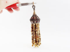 Large Long Picture Jasper Stone Beaded Tassel with Crystal Accents - Antique Bronze - 1PC