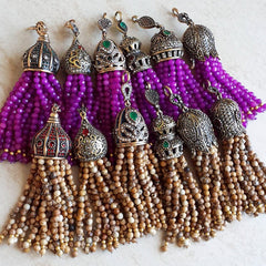 Large Long Magenta Purple Jade Stone Beaded Tassel with Crystal Accents - Antique Bronze - 1PC