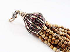 Large Long Picture Jasper Stone Beaded Tassel with Crystal Accents - Antique Bronze - 1PC