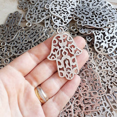 2 Rustic Fretwork Hamsa Hand of Fatima Pendant Charms - Matte Antique Silver Plated