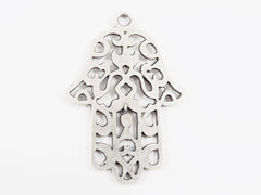 2 Rustic Fretwork Hamsa Hand of Fatima Pendant Charms - Matte Antique Silver Plated