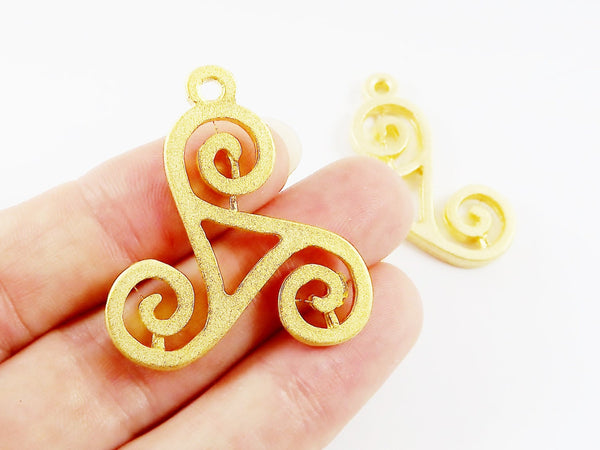 Triskele Pendant, Triskele Scroll, Triskele Charms, Motif Pendant, Triple Spiral, Celtic symbol, Triskeles, 22k Matte Gold Plated, 2pc