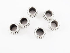 6 Dotted Chunky Barrel Saucer Bead Spacers - Matte Silver Plated