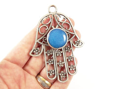 Large Hamsa Hand of Fatima Pendant Blue Jade, Jewish Hamsa, Hand of Miriam, Modern Judaica, Jewish Gift, Matte Antique Silver Plated, 1PC